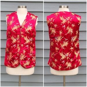 100% Silk Cheongsam Qipao Reversible Red Burgundy Floral Oriental Padded Vest Md